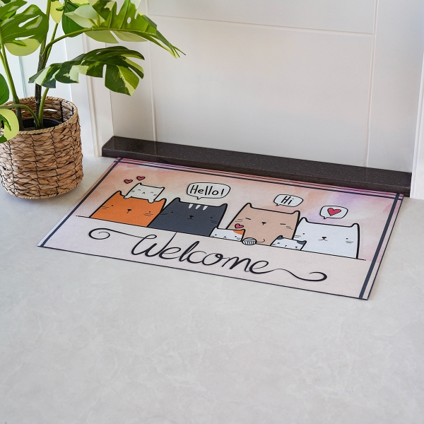 Welcome Kittens Zymta Printed Doormat 45 x 75 cm - Cream / White / Orange / Grey