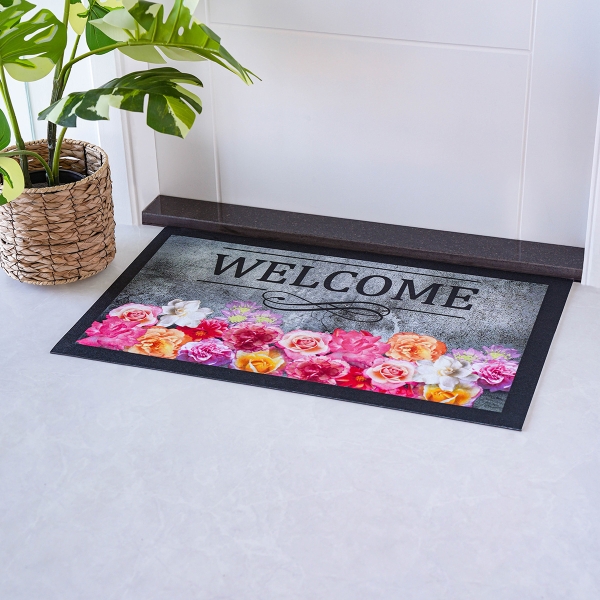 Welcome Flowers Zymta Printed Doormat 45 x 75 cm - Pink / Black / Yellow / Grey