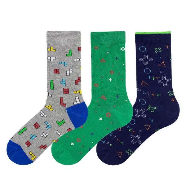 3 Pairs Tetris Themed Teenage Mens Socks Assorted Size (37 - 39 )  - Green / Blue / Grey