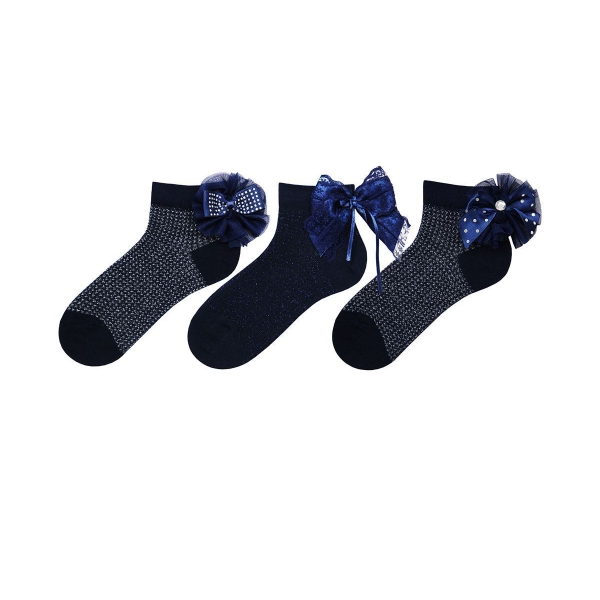 3 Pairs Papillon Patterned Girls Booties Socks Asorty ( 34 - 36 ) Age: 9-11 Years - Navy Blue / Indigo