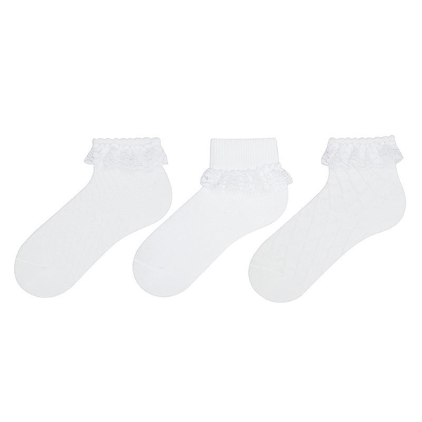 3 Pairs Lacy Embossed Patterned Girls Socks Asorty ( 13 - 15 ) Age: 0-6 Months - White