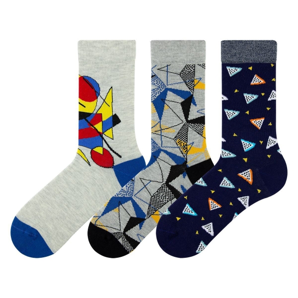 3 Pairs Geometry Themed Teenage Mens Socks Assorted Size (37 - 39 )  -  Blue / Grey