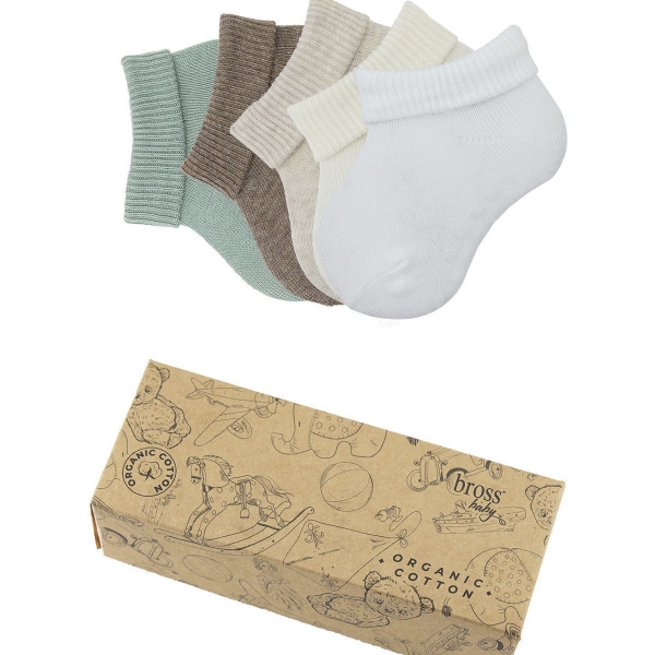 10 Pairs Organic Roll Top Pattern Baby Boys Socks Age: 0-6 - White / Beige / Green / Brown