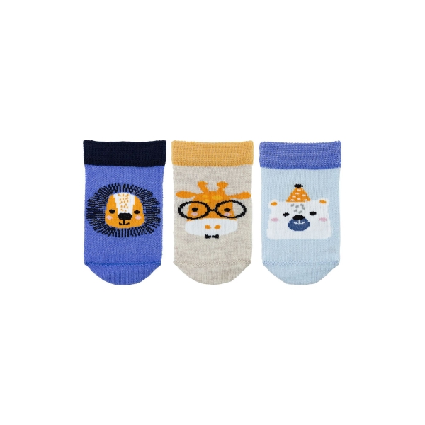 3 Pairs Animals Patterned Baby Boys Ankle Socks Asorty ( 19 - 21 ) Age: 12-18 Months - Ecru / Navy Blue / Blue