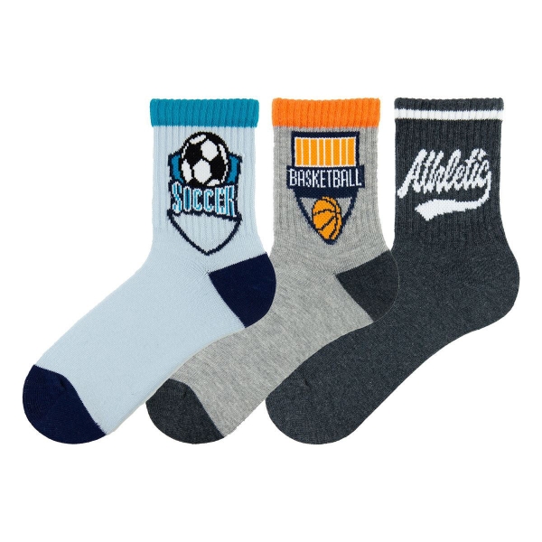 3 Pairs Boy Sport Socks MID-CALF Size: (31 - 33) Age: 6-8 - Blue / Black / Grey