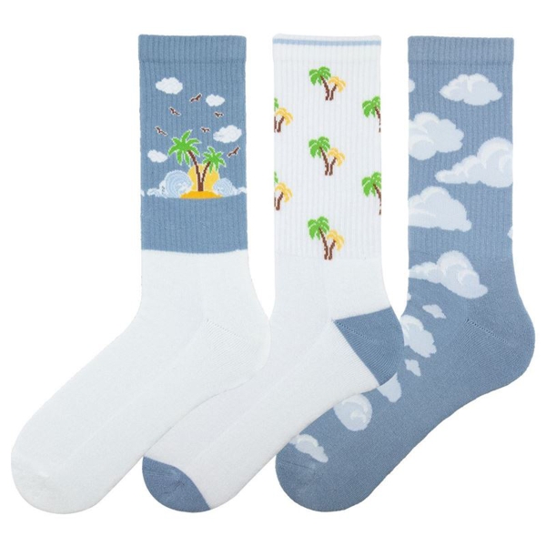 3 Pairs Clouds And Tree Patterned Men Socks Asorty ( 43 - 45 ) - Blue / White / Green