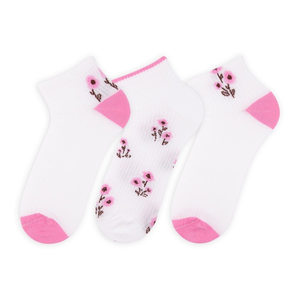 3 Pairs Floral Patterned Women Ankle Socks Asorty ( 36 - 40 ) - White / Powder Pink