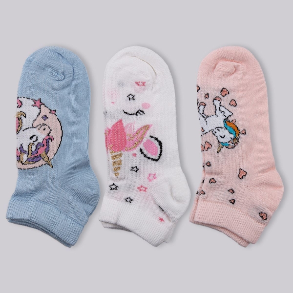 3 Pairs Unicorn Colorful Girls Socks Size: (25 - 27) Age: 2-4 - Pink / White / Blue