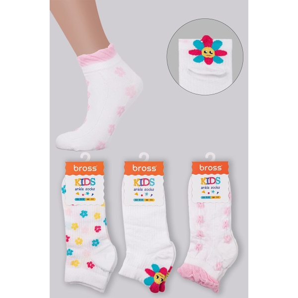 3 Pairs 3D Flowers Girls Knee-High Socks Size: (31 - 33) Age: 6-8 - White