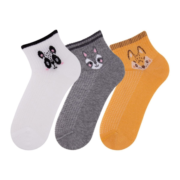 3 Pairs Panda , Raccoon , Fox Boy Socks Size: (34 - 36) Age: 8-10 - White / Desert / Grey