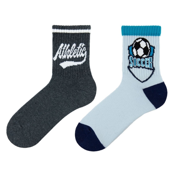 2 Pairs Boy Sport Socks MID-CALF Size: (25- 27) Age: 2-4 - Blue / Black / Grey