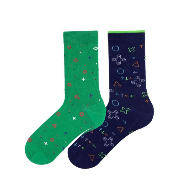 2 Pairs Tetris Themed Teenage Mens Socks Assorted Size (37 - 39 )  - Green / Blue 