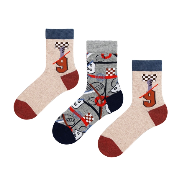 3 Pairs Boy Ankle Nine Socks Size: (28 - 30) Age: 4-6 - Beige / Blue / Grey