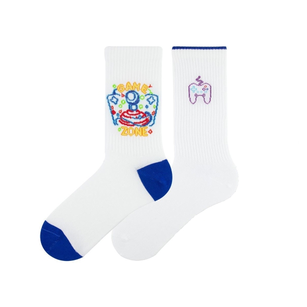 2 Pairs Tetris Themed Patterned Men and Teenage Socks Asorty ( 37 - 39 ) - Grey / Blue / White