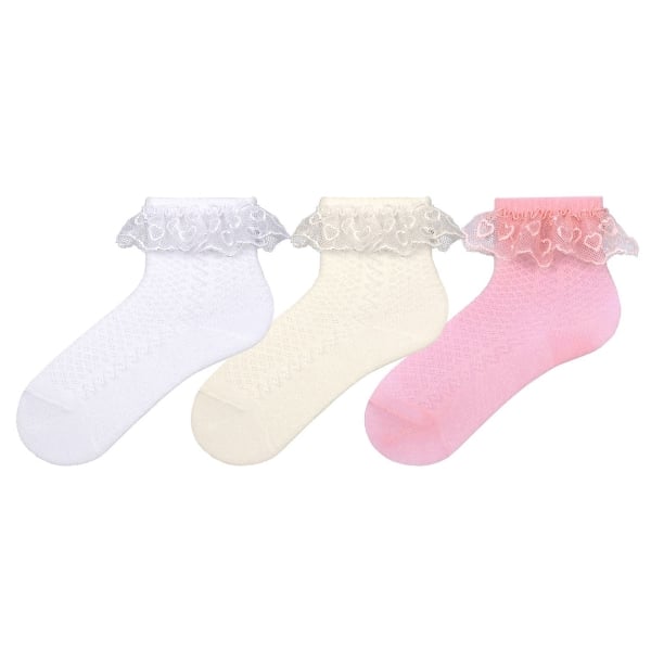 3 Pairs Lacy Embossed Patterned Baby Girls Socks Asorty ( 16 - 18 ) Age: 6-12 Months - Beige / Pink / White