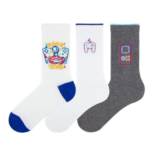 3 Pairs Tetris Themed Patterned Men and Teenage Socks Asorty ( 43 - 45 ) - Grey / Blue / White