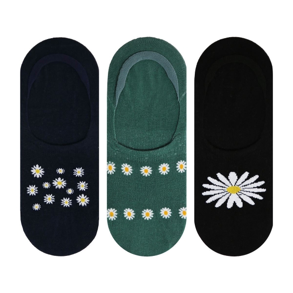 3 Pairs Daisy Patterned Women Socks Asorty ( 36 - 40 ) - Navy Blue / Black / Green