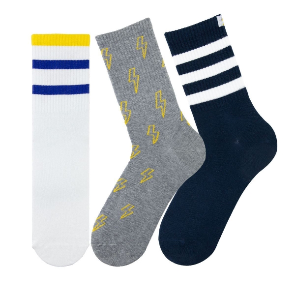3 Pairs Lined Sport Patterned Men Mid Calf  Socks Asorty ( 43 - 45 ) - White / Grey / Navy Blue