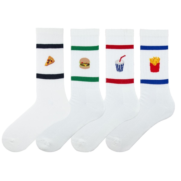4 Pairs Fast Food Patterned Terry Crew Men Socks Asorty ( 39 - 42 ) - White / Red / Black / Green
