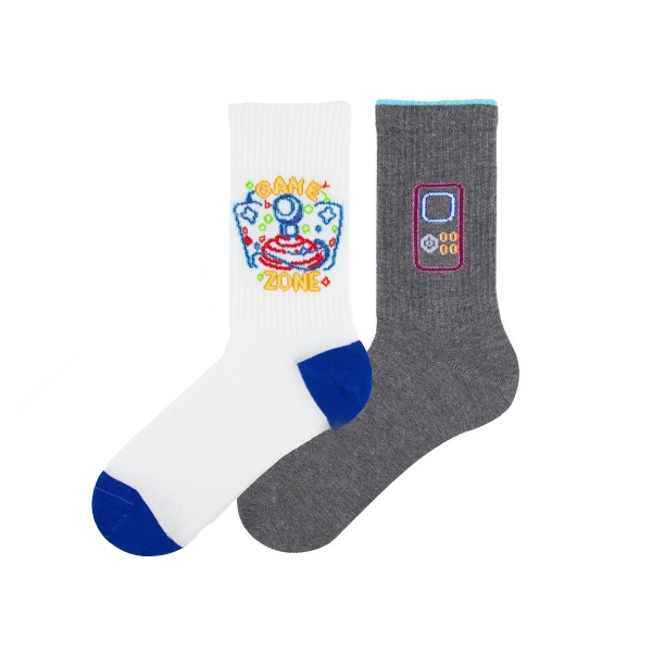 2 Pairs Tetris Themed Patterned Men and Teenage Socks Asorty ( 43 - 45 ) - Grey / White