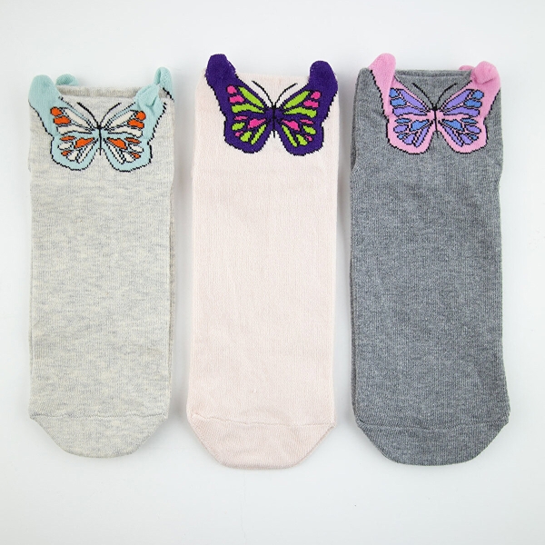 3 Pairs Butterfly Patterned Women Socks Asorty ( 36 - 38 ) - Dark Grey / Light Powder / Light Grey