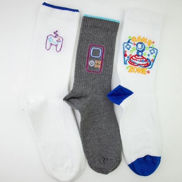 3 Pairs Tetris Patterned Teenage and Men Socks Asorty ( 37 - 39 ) - Grey / White / Blue