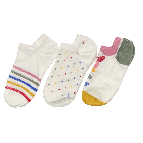3 Pairs Happy Patterned Girls Socks Asorty ( 36 - 40 ) - White / Pink / Mustard