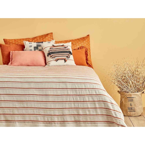 Gala Cotton Tile Single Bedspread 160 x 240 cm - Light Beige / Orange