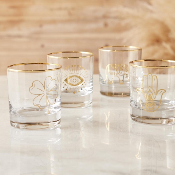 4 Pieces A Sip of Luck Glass Cup Set 300 ml - Gold