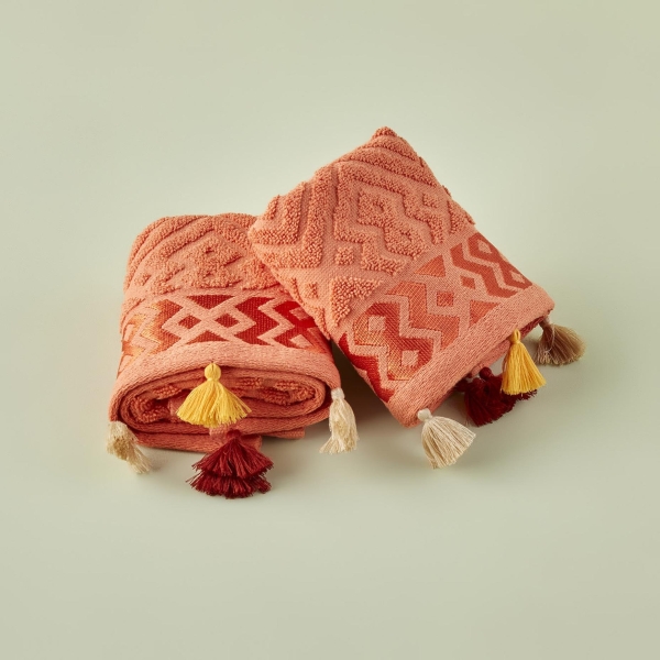 2 Pieces Mosaic Cotton Hand Towel Set 30 x 50 cm - Salmon