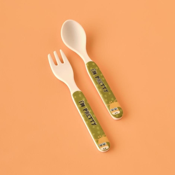 Zoo Giraffe Melamine Spoon and Fork Set 13.5 cm - Khaki