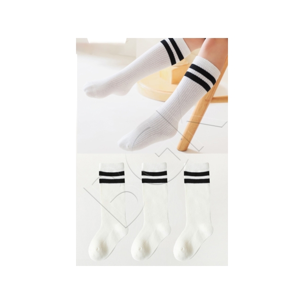 3 Pairs Bold Stripe Knee-Length Children's Socks 2 - 3 Years - White