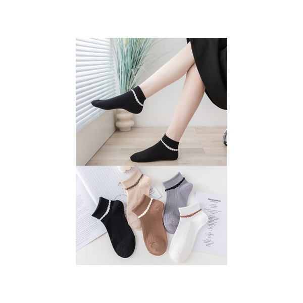 5 Pairs Picot Patterned Women Socks ( 36 - 41 ) - White / Grey / Brown / Cream / Black