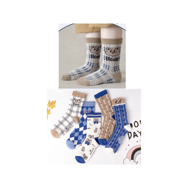 5 Pairs Bear Patterned Children Socks 31 - 34 - Blue / Brown / White