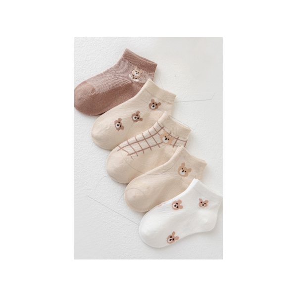 5 Pairs Bear Patterned Children Socks 31 - 34 - White / Beige / Brown