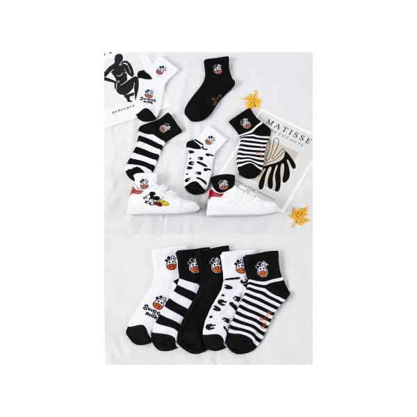 5 Pairs Cow Pattern Children Socks 35 - 38 - Black / White