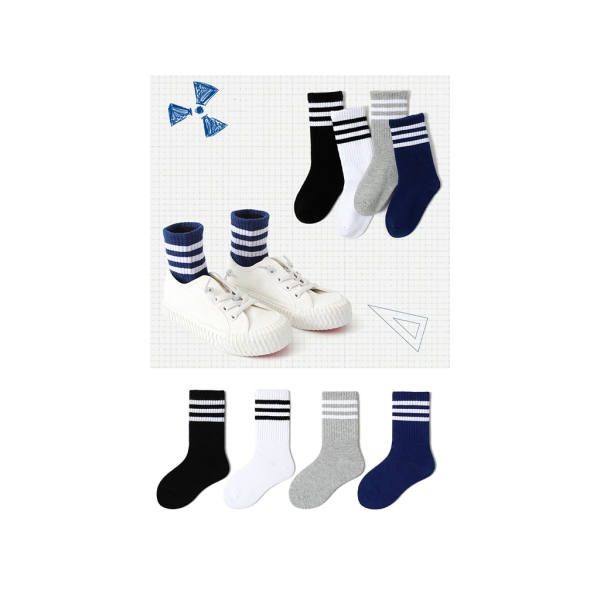 4 Pairs Striped Seasonal Baby Socks 2 - 3 Years - White / Blue / Grey / Black