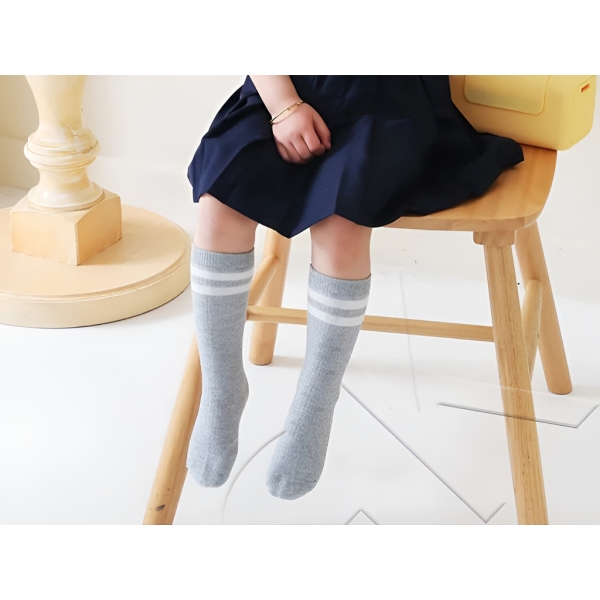 1 Pair Striped Knee-Length Children Socks 3 - 4 Years - Grey