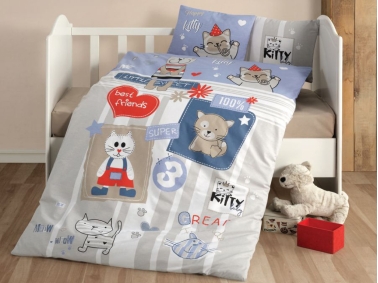 4 Pieces Kitty V1 Baby Duvet Cover Set 100 x 150 cm - Lilac / Grey