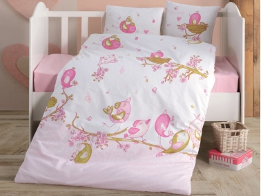 4 Pieces Singer Birds V1 Baby Duvet Cover Set 100 x 150 cm - Pink