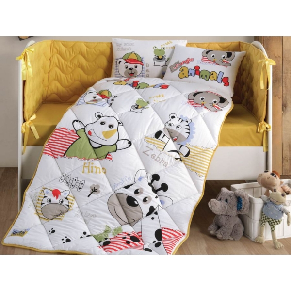 6 Pieces Animals V1 Baby Bedding Set 90 x 145 cm - White / Yellow