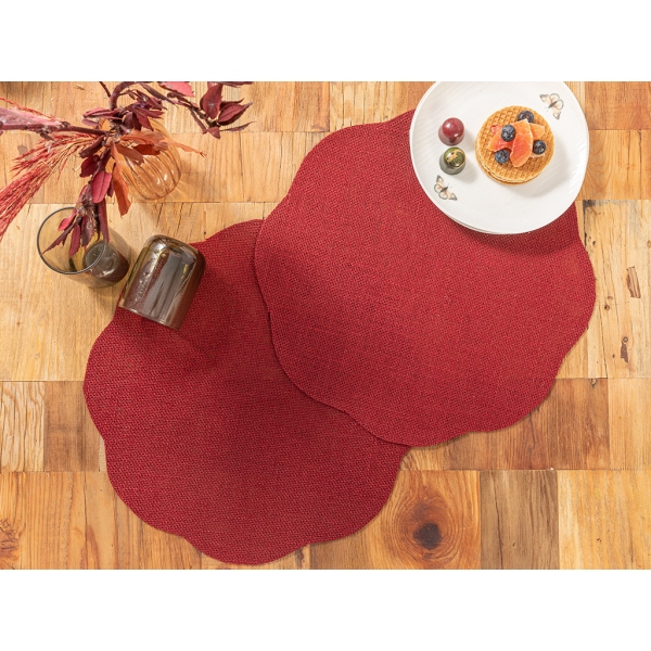 2 Pieces Floraison Jute Placemat Set 38 Cm - Claret Red