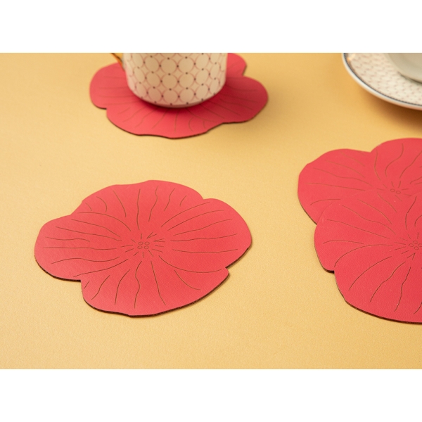 4 Pieces Blossom Artificial Leather Coaster Set 10 Cm - Pink