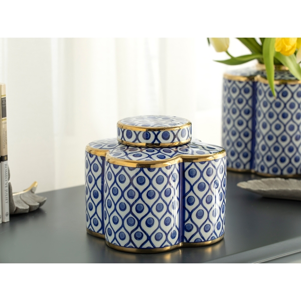 Stephanie Porcelain Earthenware Jar 16.5 x 16.5 x 16.5 Cm - Blue / White / Gold