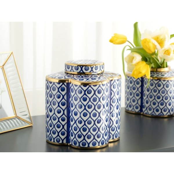 Stephanie Porcelain Earthenware Jar 17 x 17 x 22 Cm - Blue / White / Gold