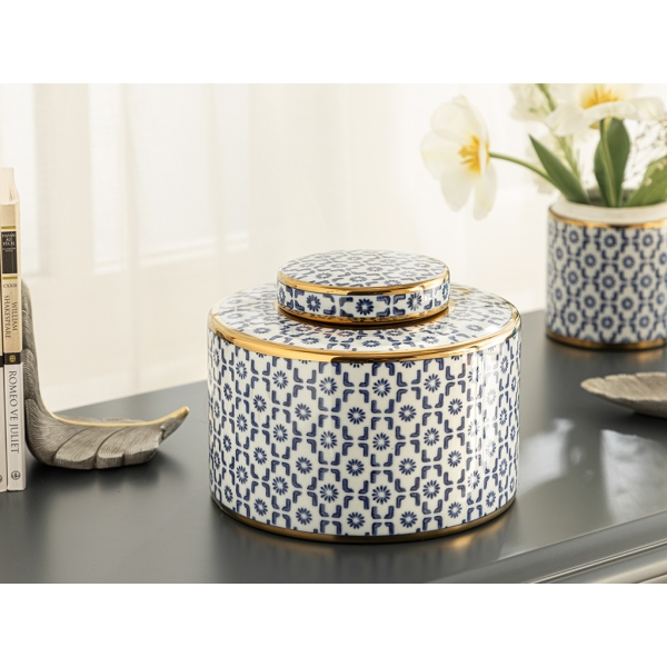 Steve Porcelain Earthenware Jar 21.5 x 21.5 x 17.5 Cm - Blue / White / Gold