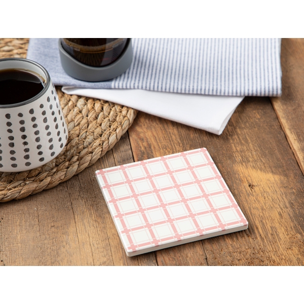 Pink Plaid Ceramic Coaster 11 Cm - Pink