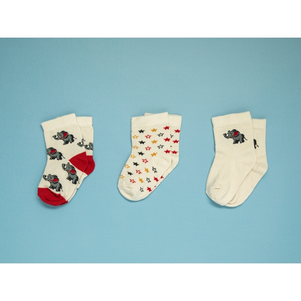 3 Pieces Little Elephants Cotton Baby Sock Set 6 - 12 Months - Beige