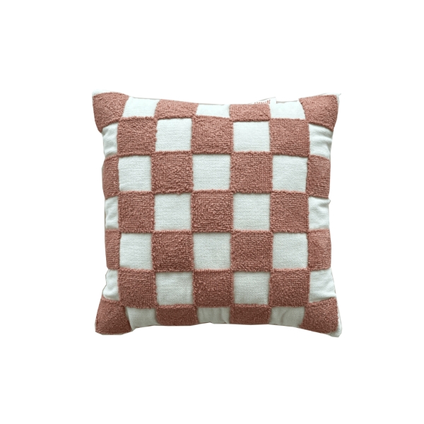 Pink Checkered Punch Decorative Cushion With Filling 43 x 43 cm - Beige / Dark Pink