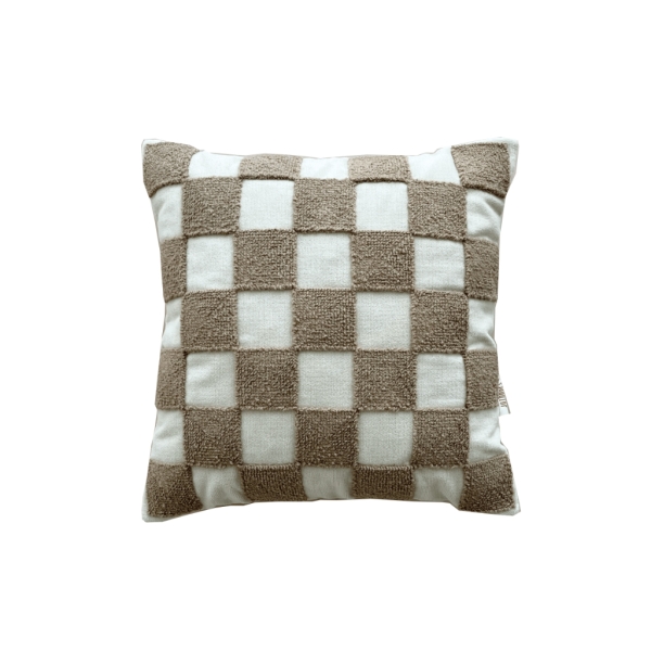 Camel Checkered Punch Decorative Cushion With Filling 43 x 43 cm - Beige / Brown